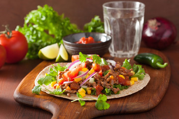 mexican taco with beef tomato salasa onion corn