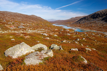 sunny autumn landscape Norway Gamle Strynefjellsvegen