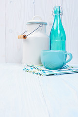 Dairy products on a white vintage  table.