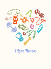 Fitness and gym Background. Hand drawn colorful icons set in the