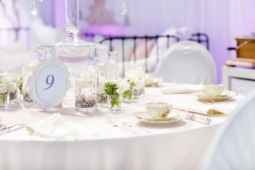 Elegant table set in green and white for wedding or event party.