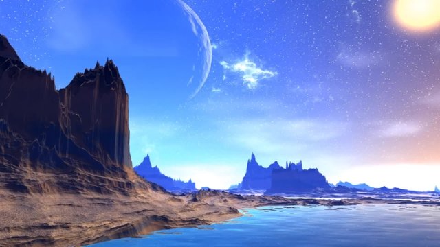 Fantasy alien planet. Rocks and  moon