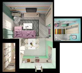 3d illustration of small apartments in pastel colors.