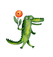 Crocodile with flower. Watercolor illustration