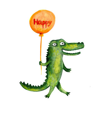 Crocodile with balloon. Happpy. Watercolor illustration