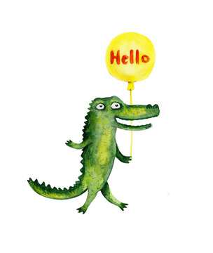 Crocodile with balloon. Hello. Watercolor illustration