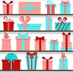 seamless pattern of gift boxes on the shelves. Gift shop.