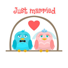 Just married. Cute birds - the bride and groom. greeting card.