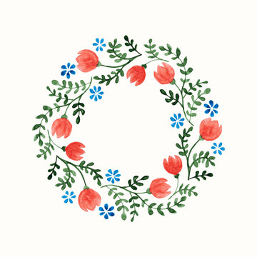 Simple and cute floral oval wreath with flowers and leaves