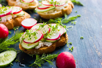 bruschetta with feta cheese, radish and cucumber