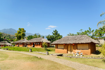 Chinese houses made of clay in hill at Santichon village , Pai c