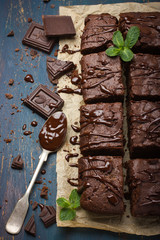 homemade chocolate brownies on dark background