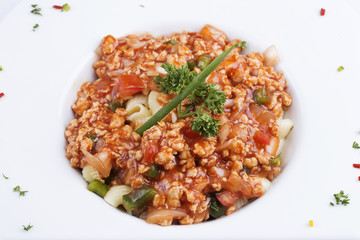 Macaroni with tomato chicken sauce