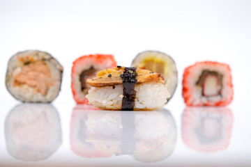 Sushi pieces collection, isolated on white background