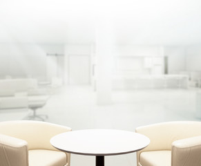 Wood Table Of Blur Background in Office