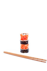 Sushi pieces collection with bamboo chopsticks, isolated on white