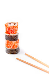 Sushi pieces collection with bamboo chopsticks, isolated on white