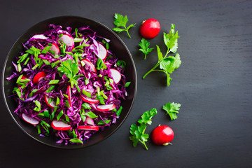 red cabbage, radish and spring onion salad
