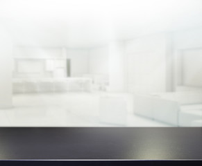 Wood Table Of Blur Background in Office