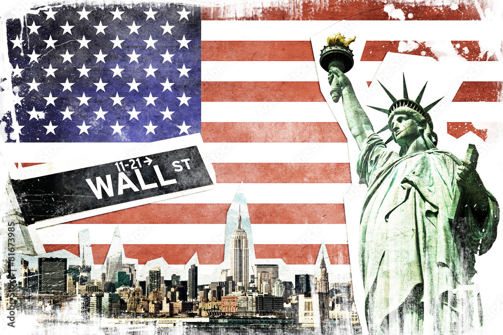 Wall mural new york city vintage collage, us flag background