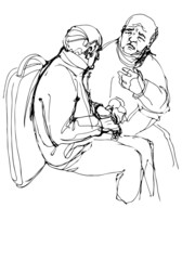 sketch of two grandfather communicate sitting on the bus