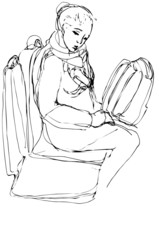 sketch of a woman with a bag sitting on the buss