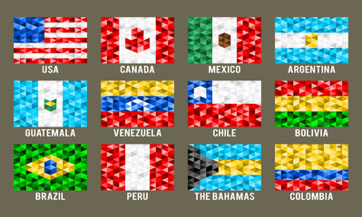 North & South America low poly flags vector illustration