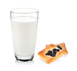 milk and cracker with raisins isolated on white background