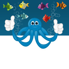 Funny octopus cartoon illustration under water fish fishes squid