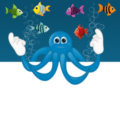 Obraz premium Funny octopus cartoon illustration under water fish fishes squid