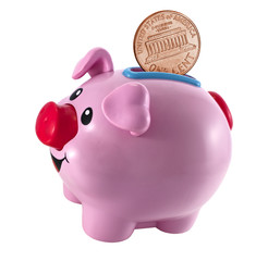 pink  piggy bank and a coin falling in it