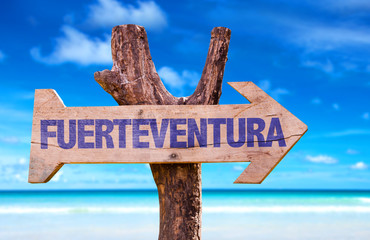 Fuerteventura wooden sign with beach background