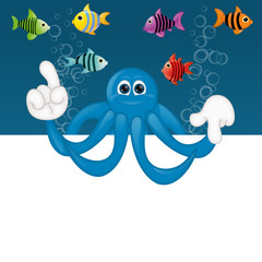 Funny octopus cartoon illustration under water fish fishes squid