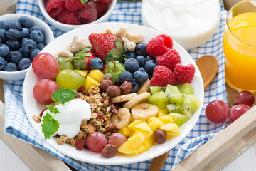 healthy breakfast - berries, fresh fruit and cereal, top view