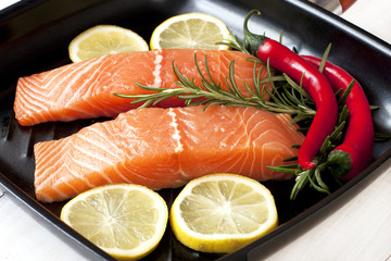 Salmon fillet on grill pan ready to cook