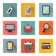 Office flat icons set with long shadow