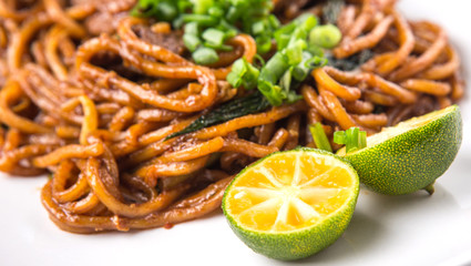 Close up view of popular Malaysian stir fried noodles 