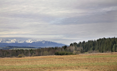 Fototapeta na wymiar Field and mountain near Szaflary. Poland