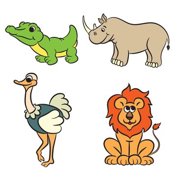 Cute zoo animals collection. Vector illustration.