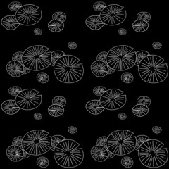 Round lily pads in the pond. Black and White seamless pattern.