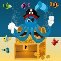 Naklejka premium Funny pirate octopus squid with treasure under water