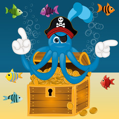Funny pirate octopus squid with treasure under water
