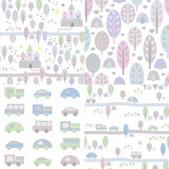 4 cute seamless pattern with trees, castles and toy cars