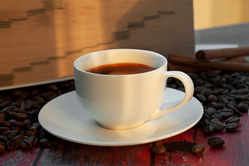 cup of coffee on the wooden table