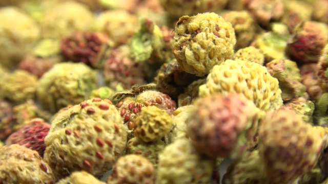 Background  of dried strawberry. Motorized Dolly Shot. Macro