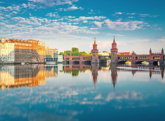 Oberbaumbruecke Berlin Summer with Reflection and Clouds - obrazy, fototapety, plakaty