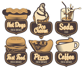 set emblems with coffee fast food pizza and ice cream