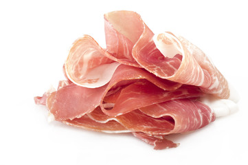 Italian prosciutto crudo ,raw ham leg sliced on white - 81685972