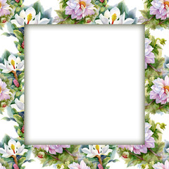 Watercolor flower frame on white background