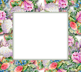 Watercolor flower frame on white background